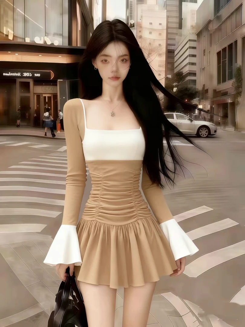 轻奢优雅少女感千金风卡其撞色方领长袖收腰气质显瘦氛围感连衣裙