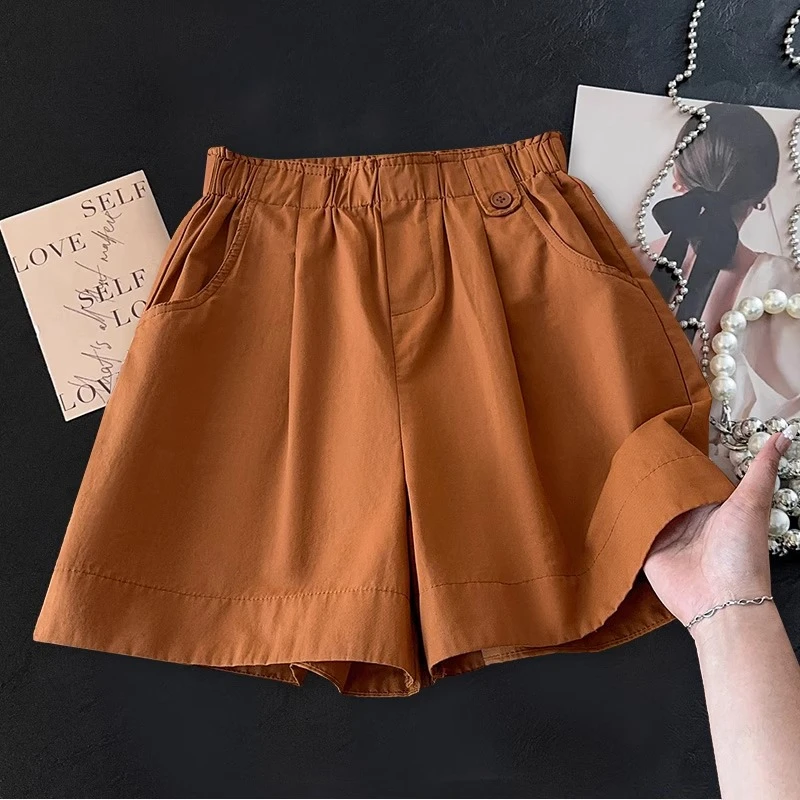韩系松紧腰休闲短裤女2025夏季轻薄新款高腰a字阔腿裤焦糖色热裤