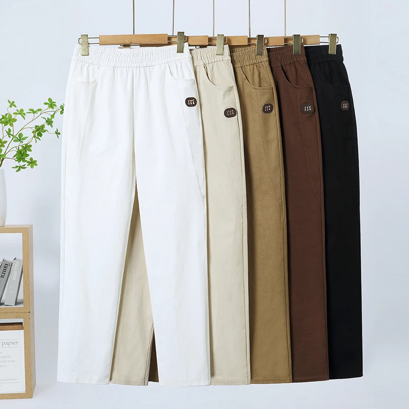中年女裤春秋纯棉妈妈婆婆裤子白色中老年休闲裤女松紧腰宽松全棉