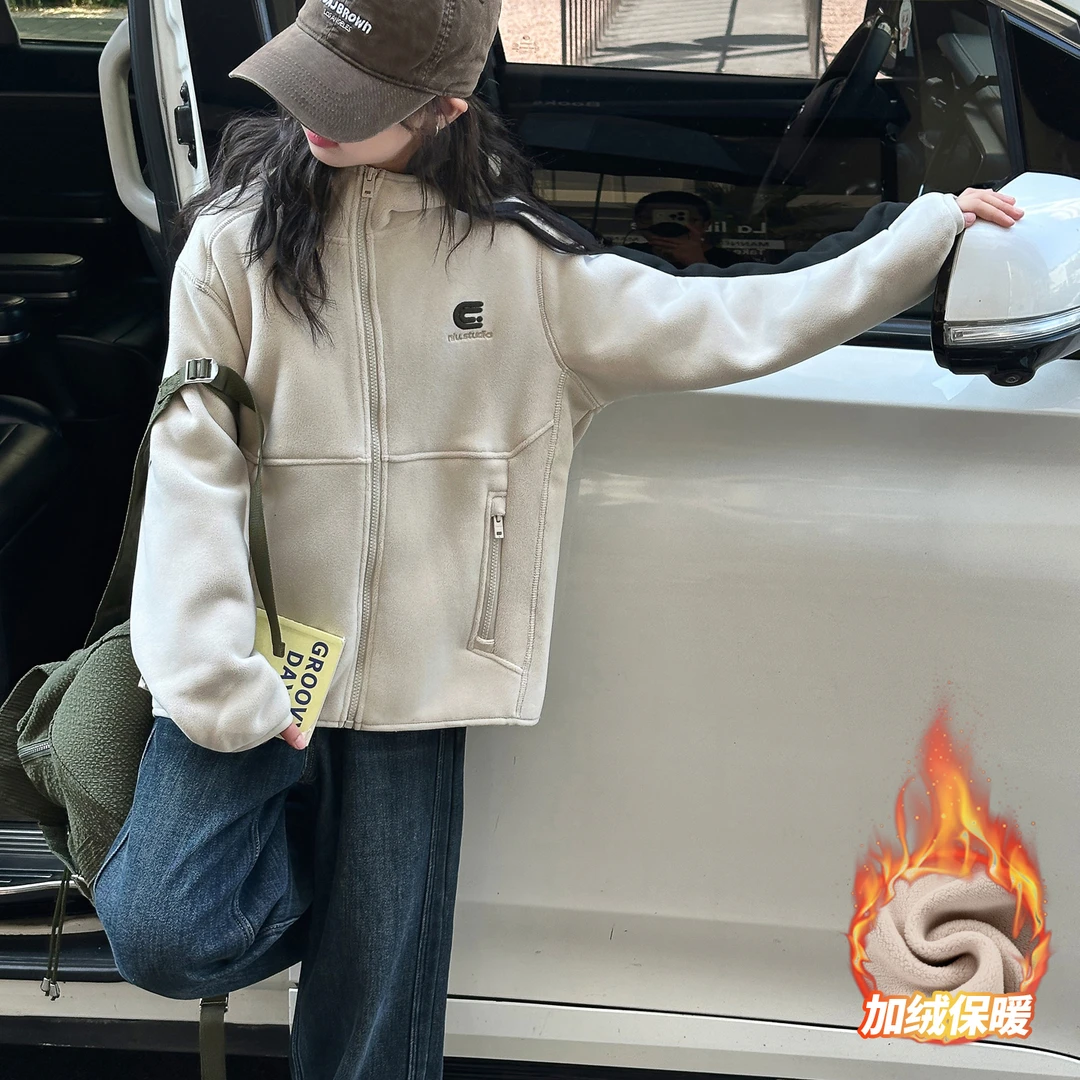 女童外套秋冬款加绒8-15岁中大童校服内搭洋气保暖儿童连帽上衣潮