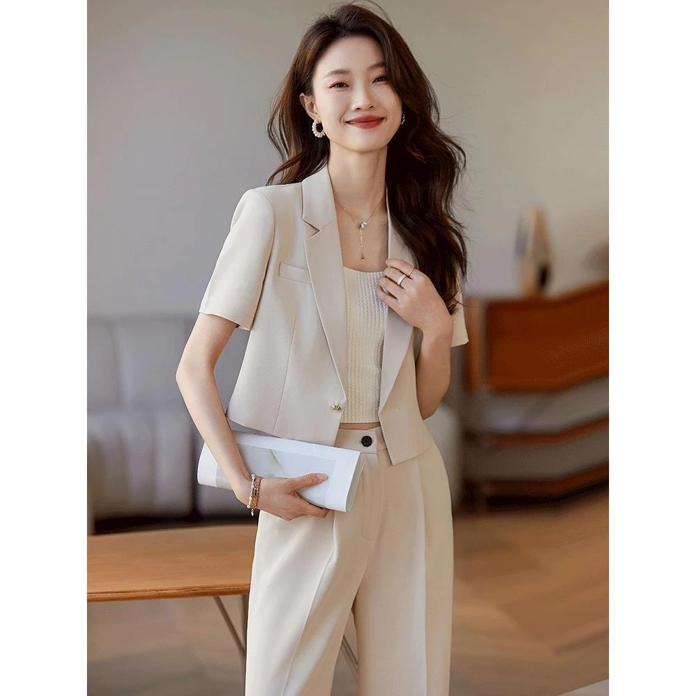 职业西装套装女夏季薄款2025新款高级感短款小个子短袖小西服外套