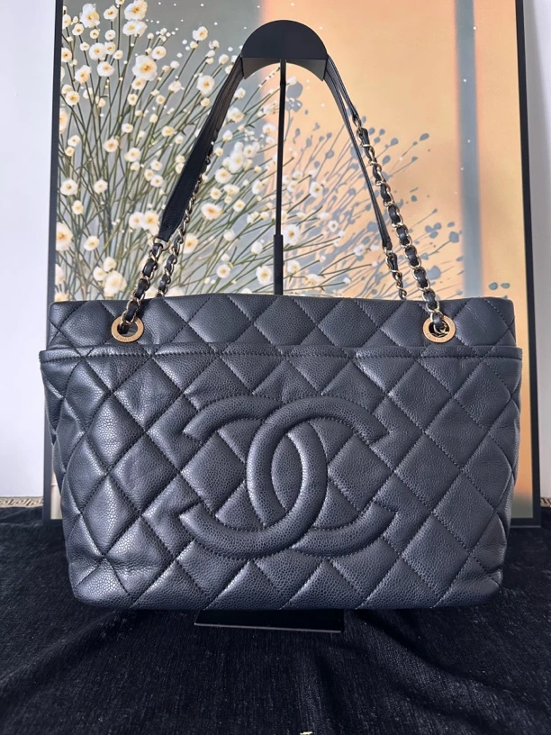 95新 Chanel/香奈儿 Chanel黑色双C托特包 荔枝纹 4143