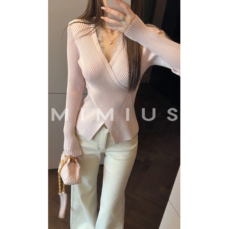 【mimius】U 羊毛交叉掐腰V领竖坑条针织上衣 WG11101 汉服
