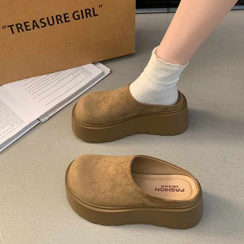 7CM 超火法式松糕博肯包头半拖鞋女2025新款秋季小个子懒人拖鞋