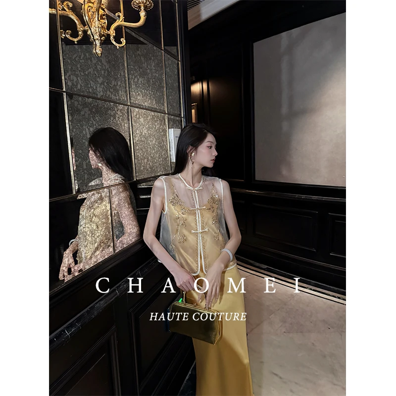 冯（CHAOMEI【金奢贵女】国风新中式女装100桑蚕丝马甲+醋酸吊带裙