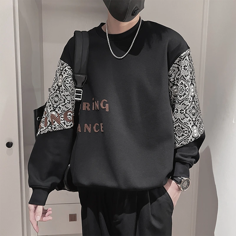 民族风拼接袖卫衣男款2025新款慵懒风潮牌长袖打底衫休闲外套上衣