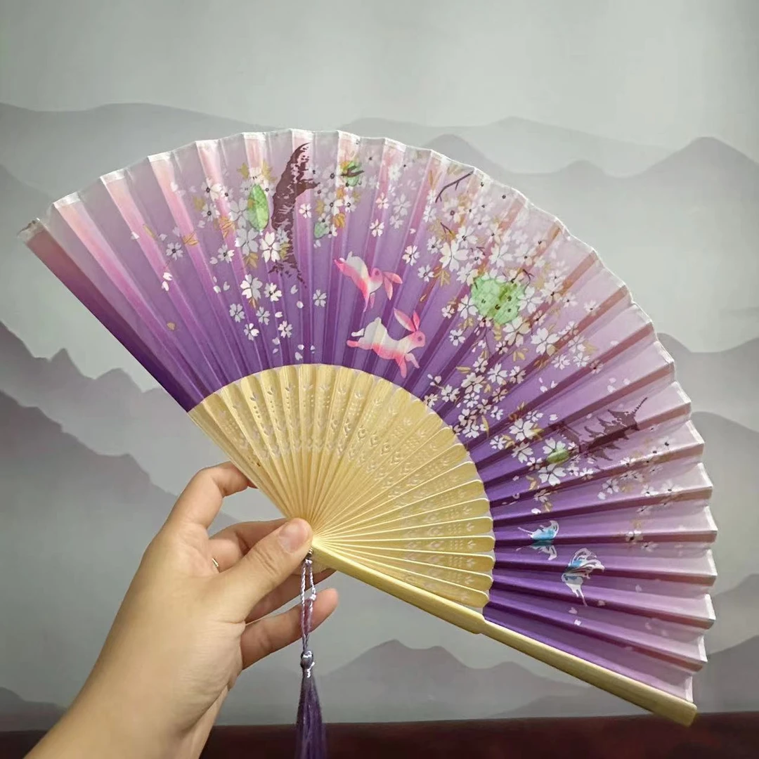 紫色樱花兔竹片印花折扇春晚同款！
