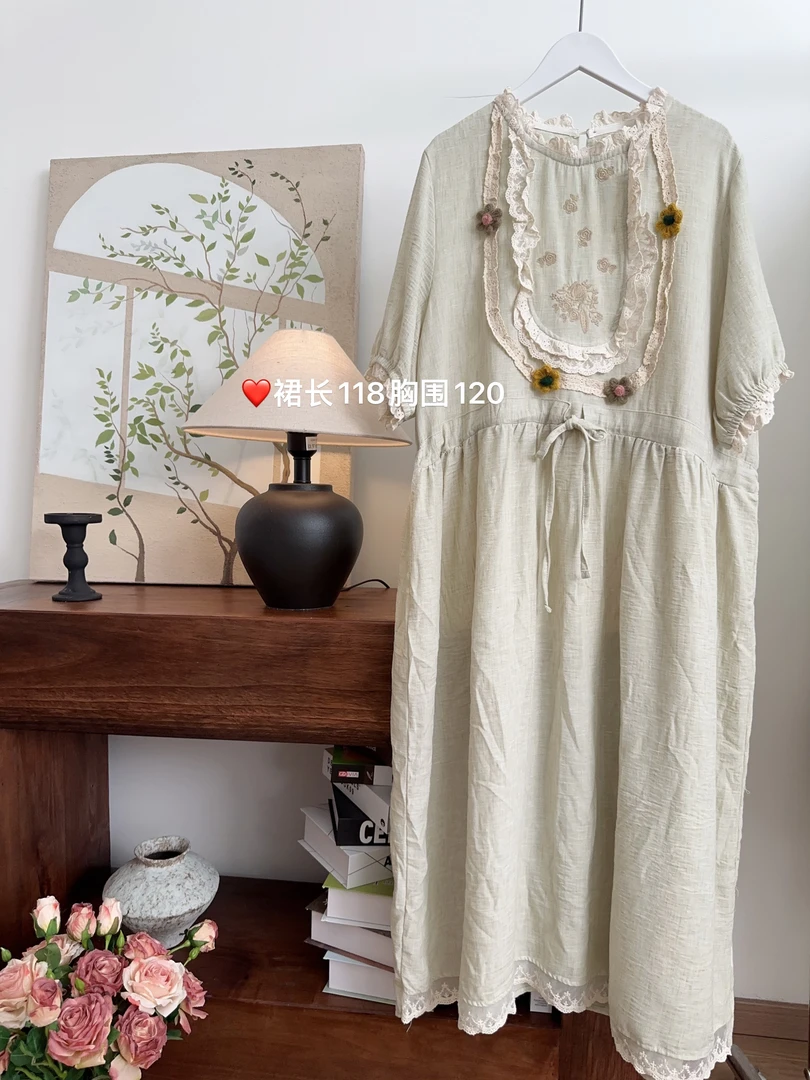 可衣-【苔藓绿】森系短袖连衣裙立体花朵短袖甜美中长款