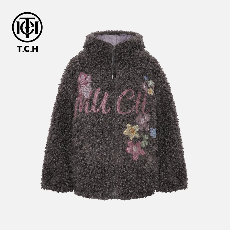 TCH【冬季保暖】冬款羊羔绒时尚烫钻淑女深灰色外套T718E5001