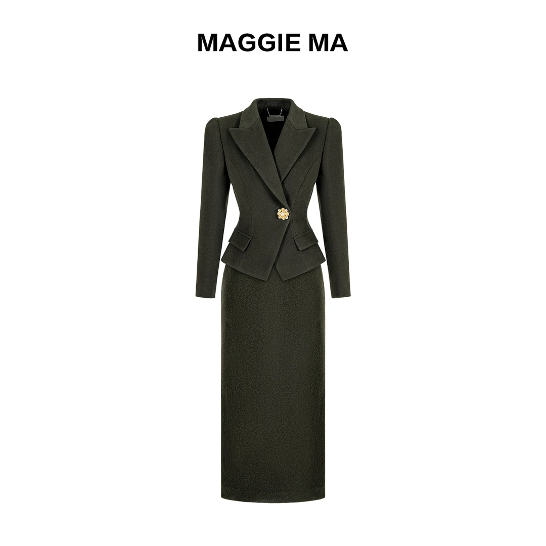 MAGGIE MA马婧设计师款双排扣毛呢收腰外套高腰显瘦套装736C/737B