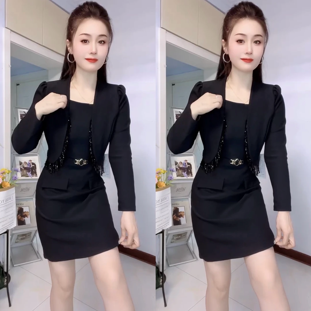 洋气小西装短款网红同款时尚潮流修身显瘦真两件套装连衣裙女