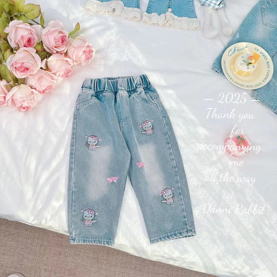 *25早春粉色系可爱—蝴蝶结猫咪刺绣时尚牛仔裤*D-G29