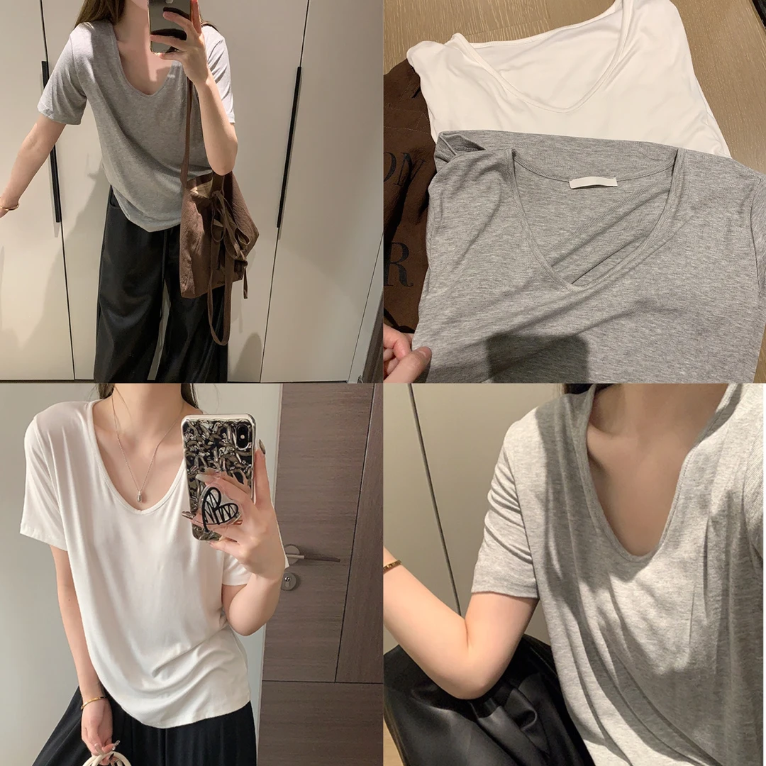 2025夏季新款纯色白色大v领宽松慵懒感弹力短袖t恤女宽松体恤上衣