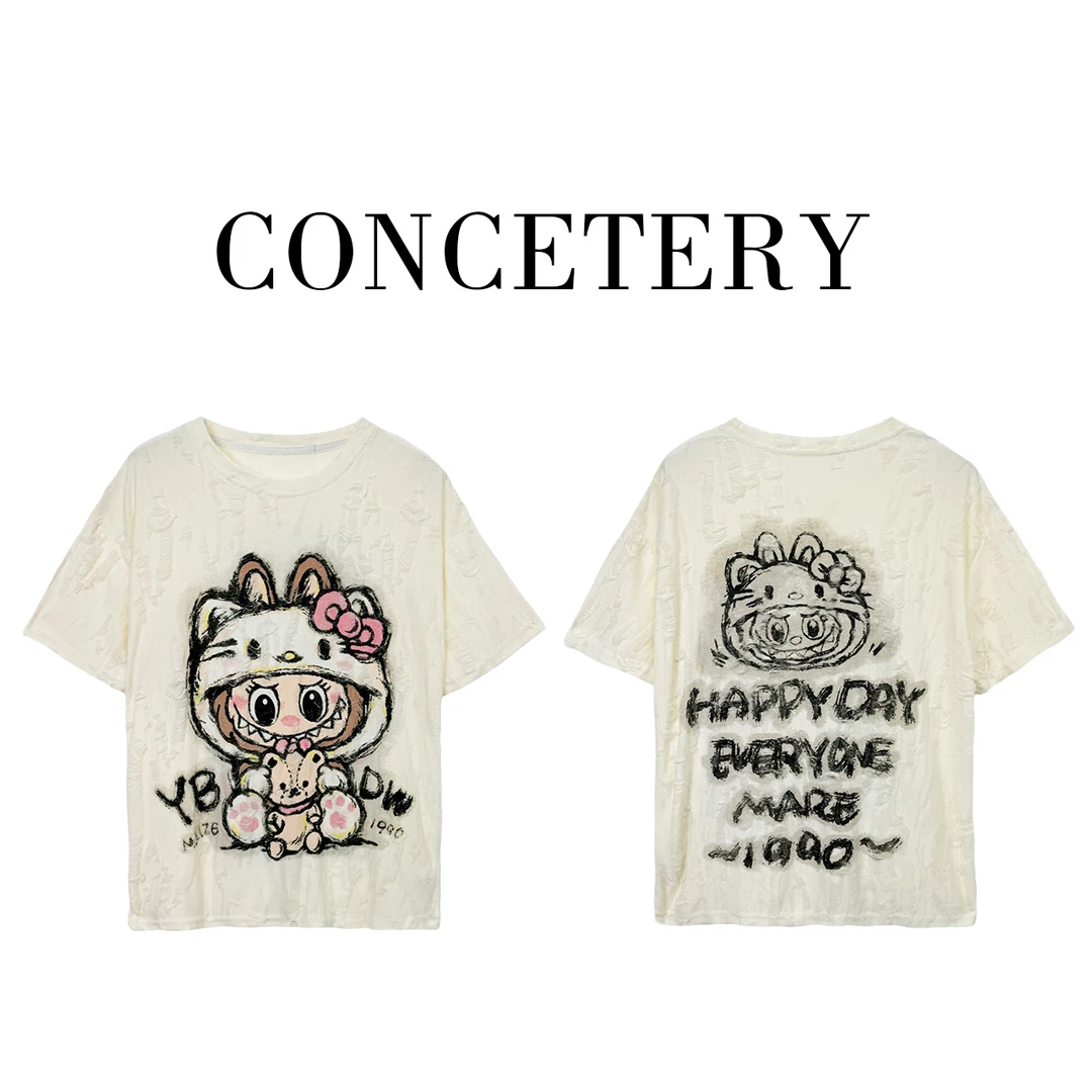 2025夏季新款卡通破洞印花短袖T恤裙女宽松休闲中长款上衣