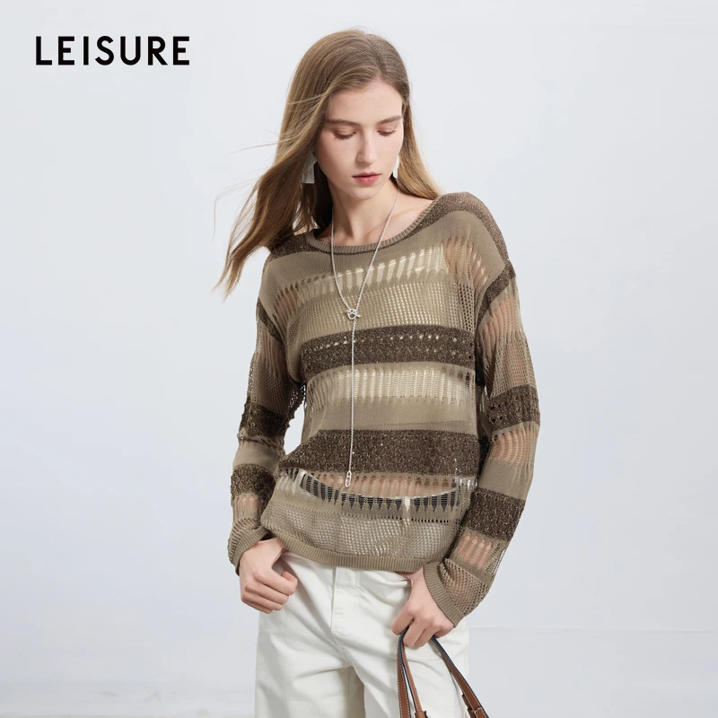 三彩丽雪leisure2025秋季新款肌理感镂空针织衫条纹休闲套头衫女