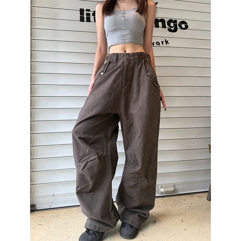 克林菲美式复古解构风褶皱直筒工装裤男女cleanfit宽松阔腿长裤子