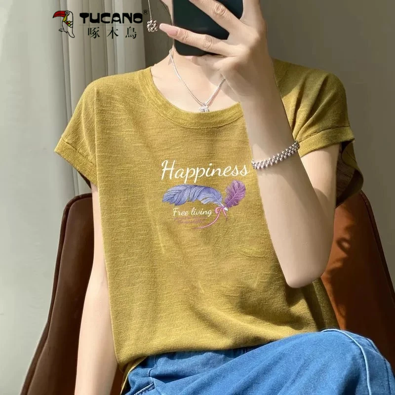 啄木鸟短袖T恤竹节棉女夏2025新款冰丝减龄洋气薄款显瘦透气上衣
