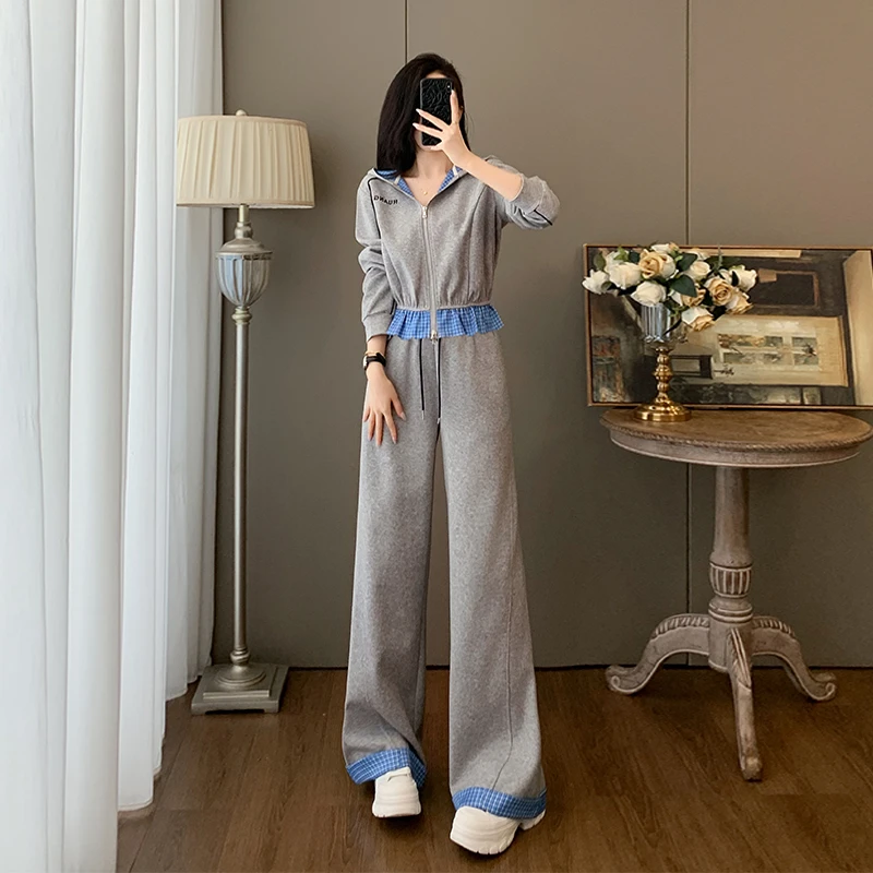 入秋一整套女装高级感洋气减龄连帽开衫卫衣直筒阔腿裤两件套装