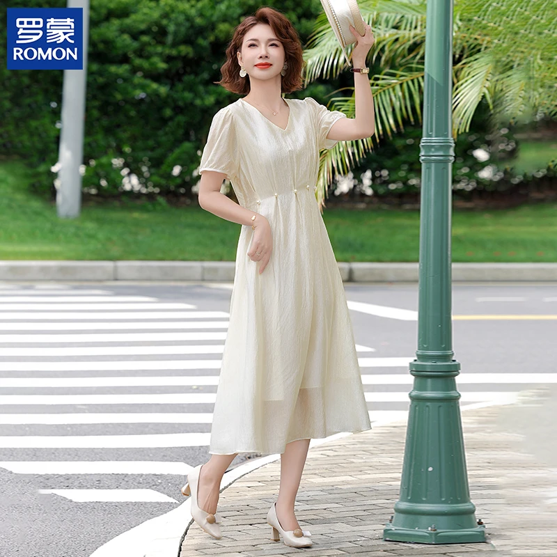 罗蒙妈妈夏装高档长裙2025新款中老年女纯色连衣裙阔太太减龄裙子