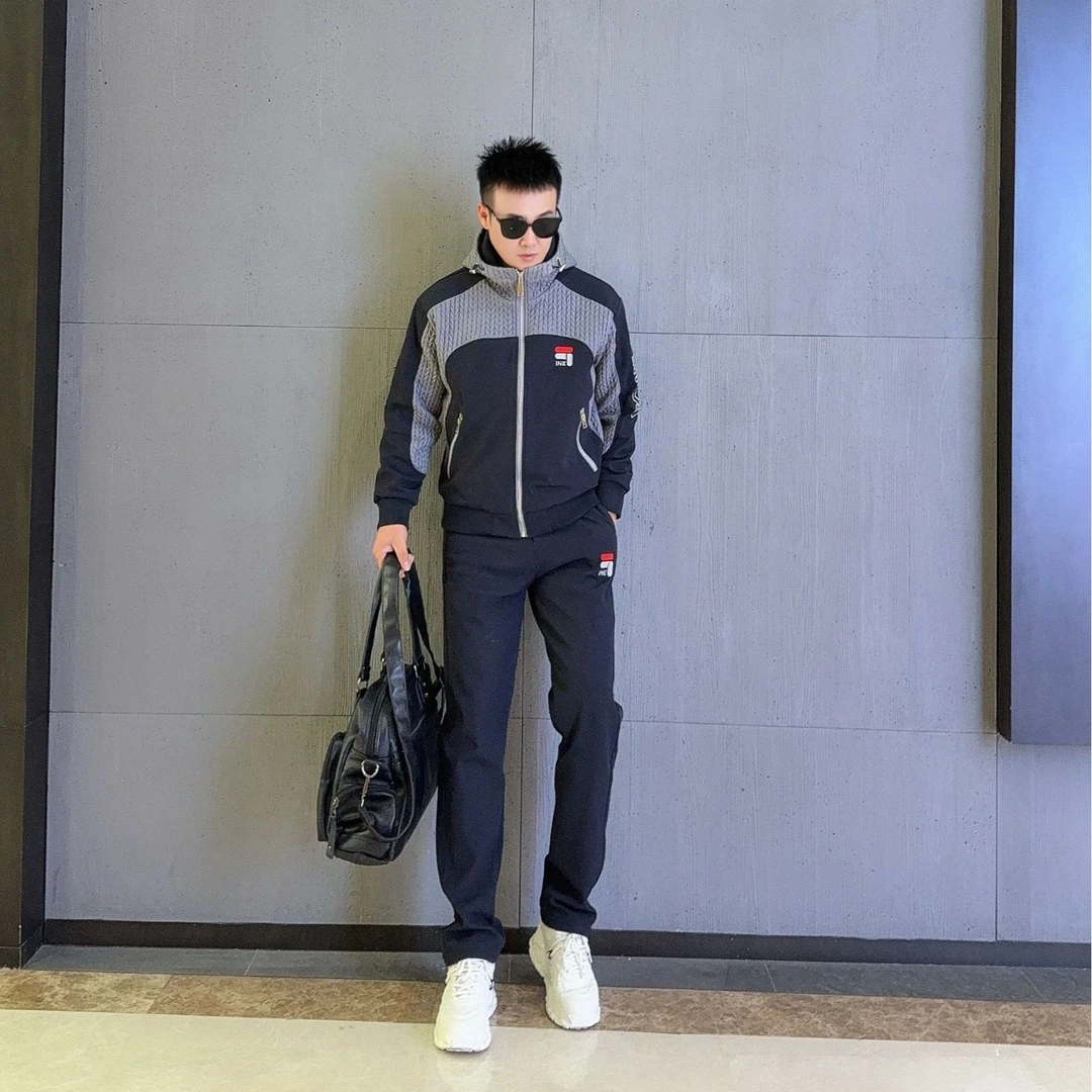 秋冬季节新款加绒保暖百搭时尚套装麦穗拼接韩版休闲男士连帽夹克