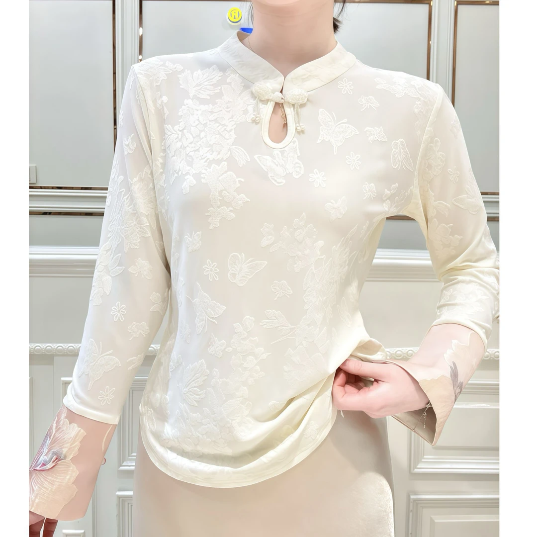 【悦己】气质长袖显瘦百搭女装打底衫T恤牡丹中式绣花四季款
