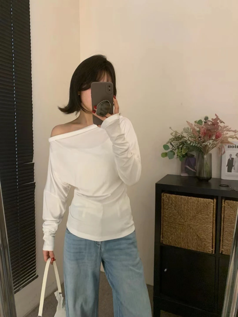 FZ6070 一字领上衣 S M L显瘦气质长袖性感修身露肩时尚百搭