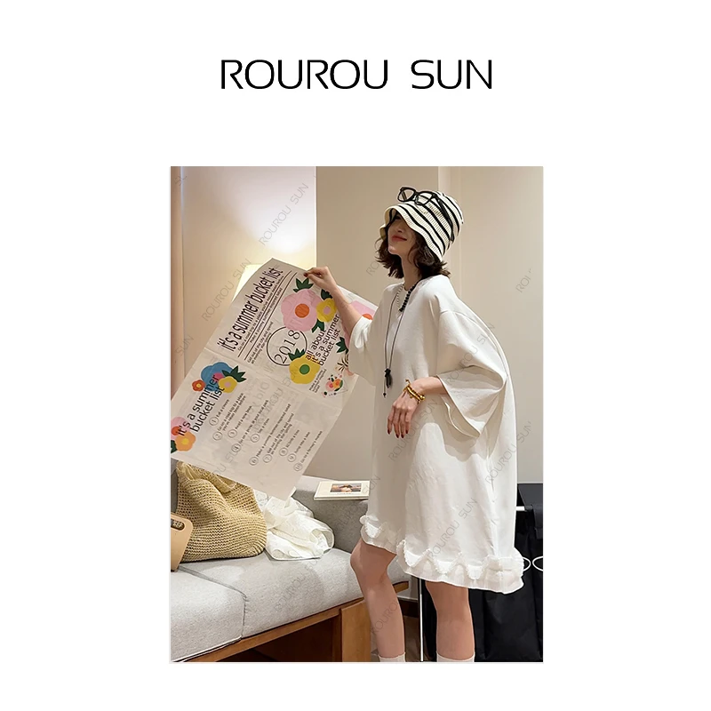 26560韩版设计感小众下摆不规则蕾丝花边T恤女宽松圆领短袖上衣