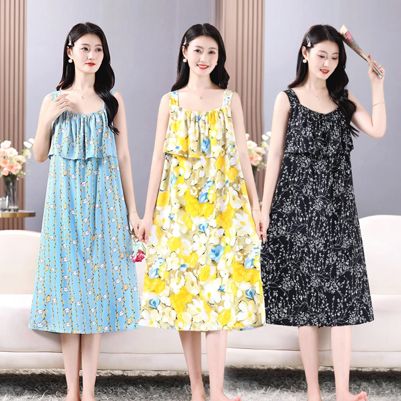 2025防凸点吊带睡裙女夏季棉绸裙子薄款大码宽松家居服可外穿