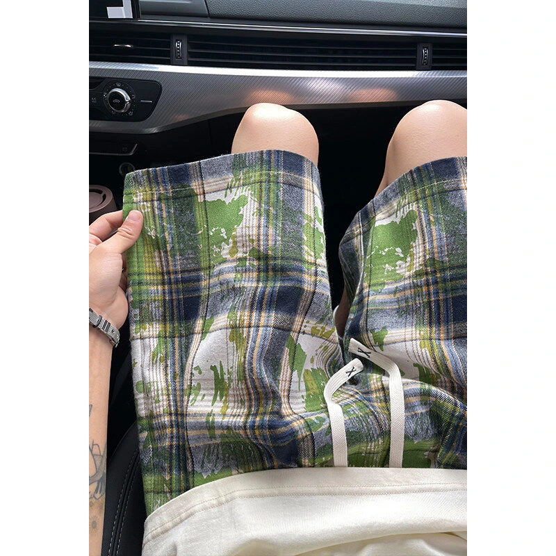 牛油果绿格子短裤男款夏季扎染设计感运动裤子美式复古休闲五分裤