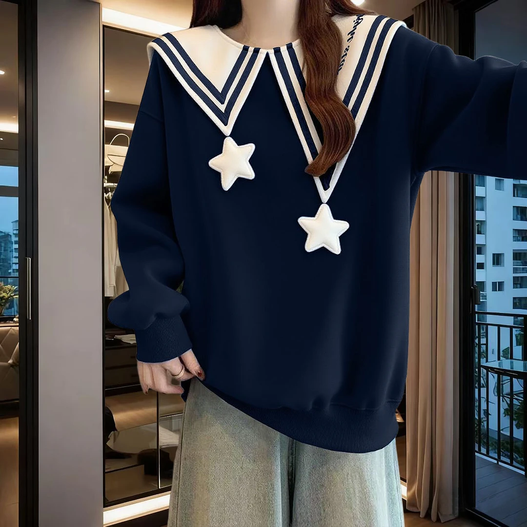 立体星星卫衣女特大码300斤小众设计感翻领拼接印花加绒加厚上衣