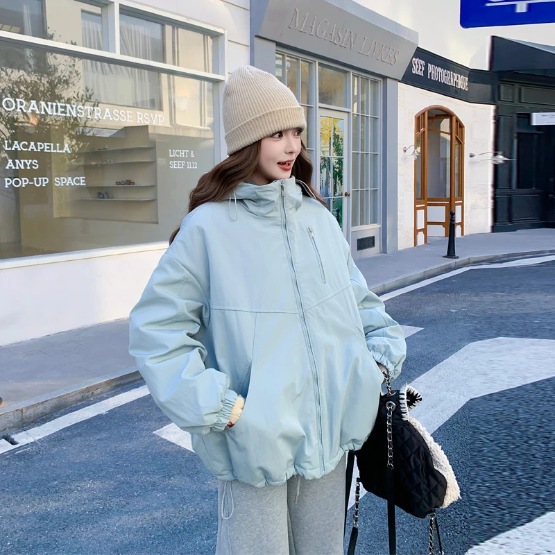 休闲百搭工装风蓝色加绒派克服2025冬季新款韩版松弛感冲锋衣外套