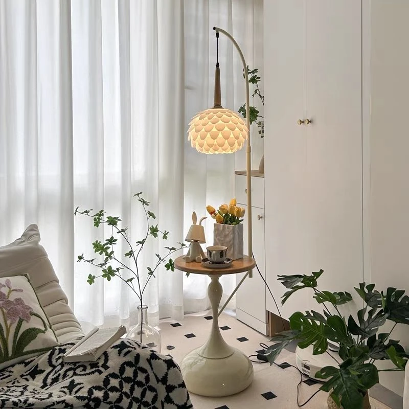 奶油风客厅落地灯沙发边几客厅卧室床头置物架一体立式氛围感台灯