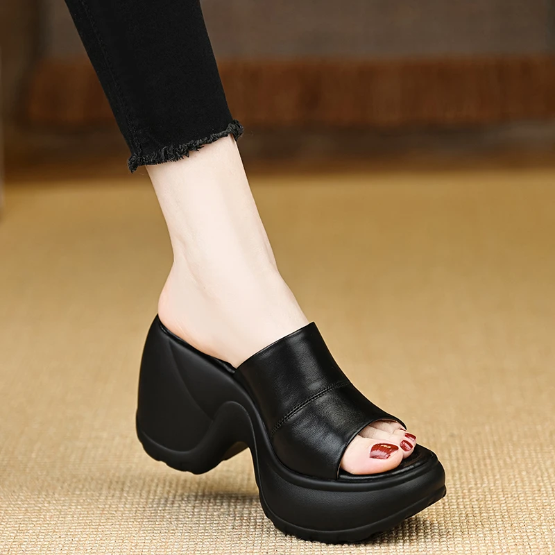 玥小姐手工女鞋10cm高跟头层牛皮一字拖外穿增高防水台黑色凉拖鞋