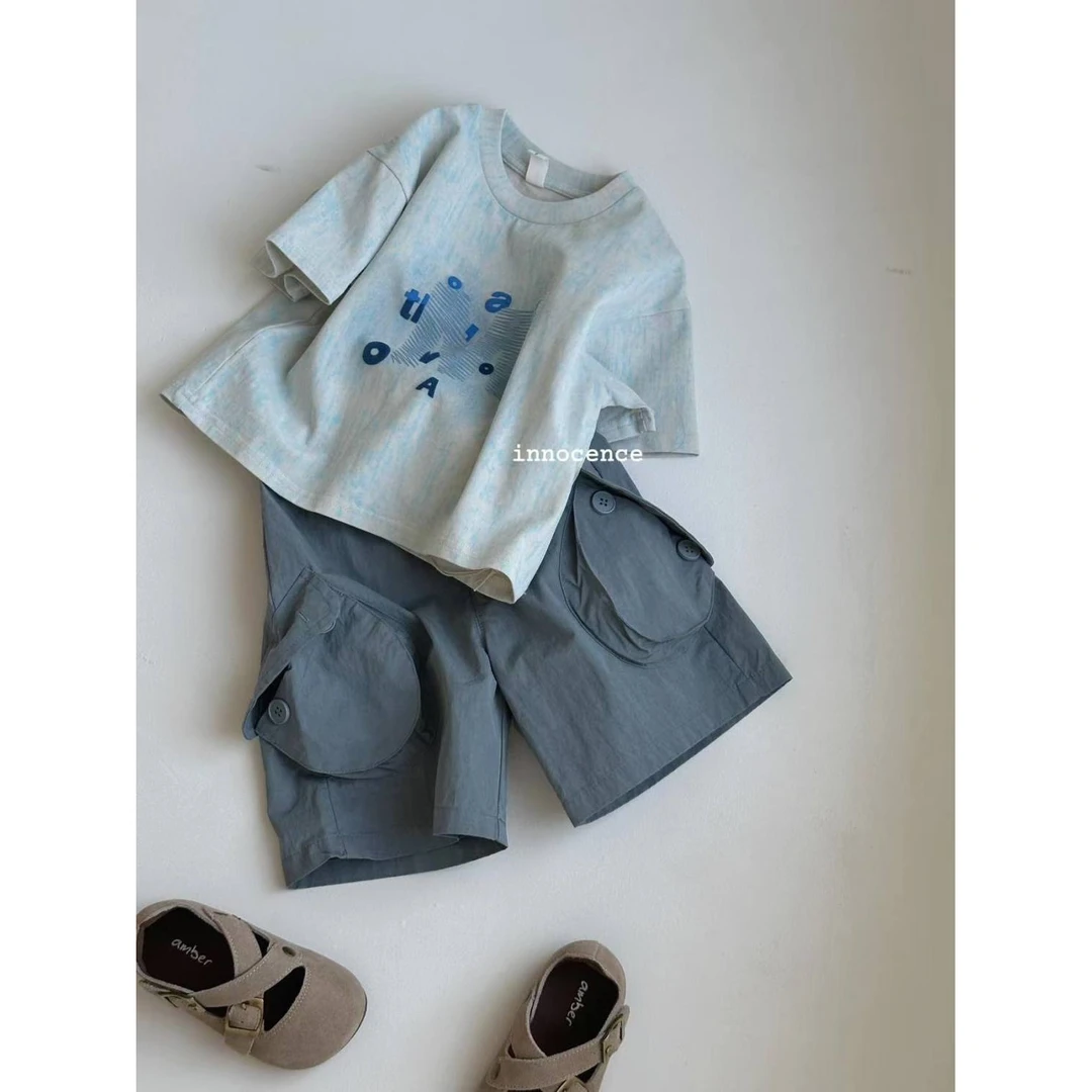 盐系儿童短袖套装2025夏季新款中小童男童半袖设计感短裤两件套潮