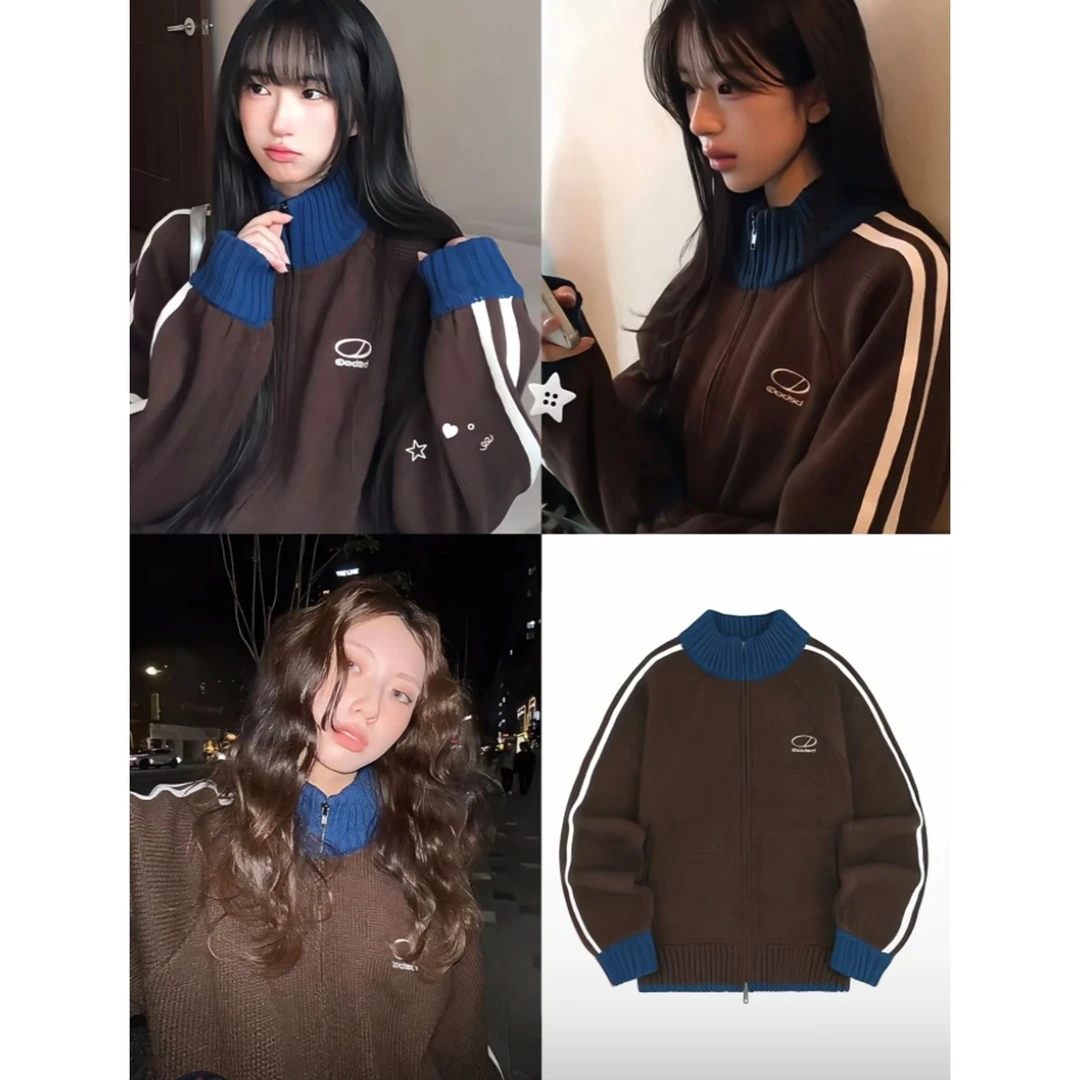 美式复古幽灵立领拼色毛衣外套秋冬学院风设计感休闲百搭开衫上衣