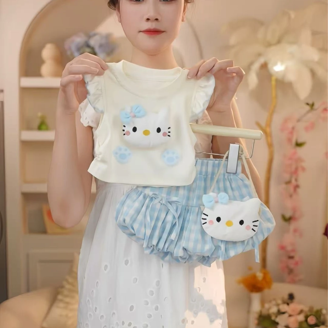 2025年夏季新款女童可爱飞袖蓝色猫咪套装046