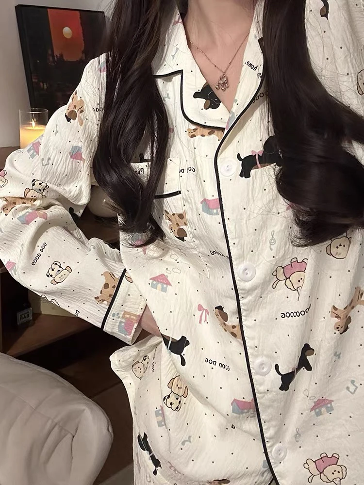 睡衣女新款2025长袖长裤两件套卡通网红宽松家居服印花可外穿套装