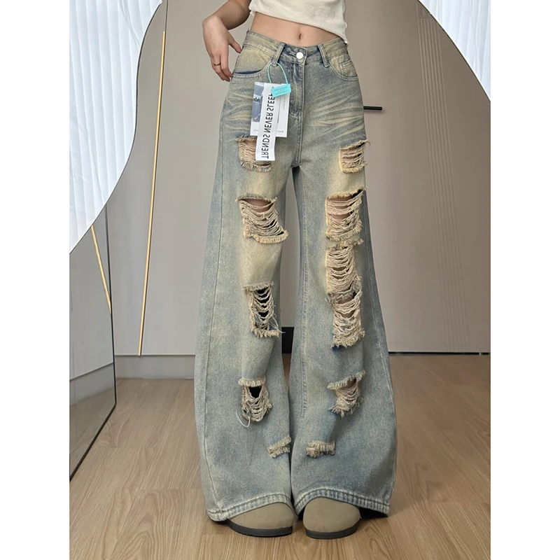 美式复古乞丐破洞牛仔裤女2025夏季新款高腰显瘦直筒阔腿拖地长裤