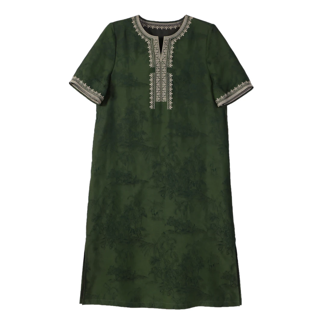 慧  新中式  60025 湖丝 绿色绣花连衣裙