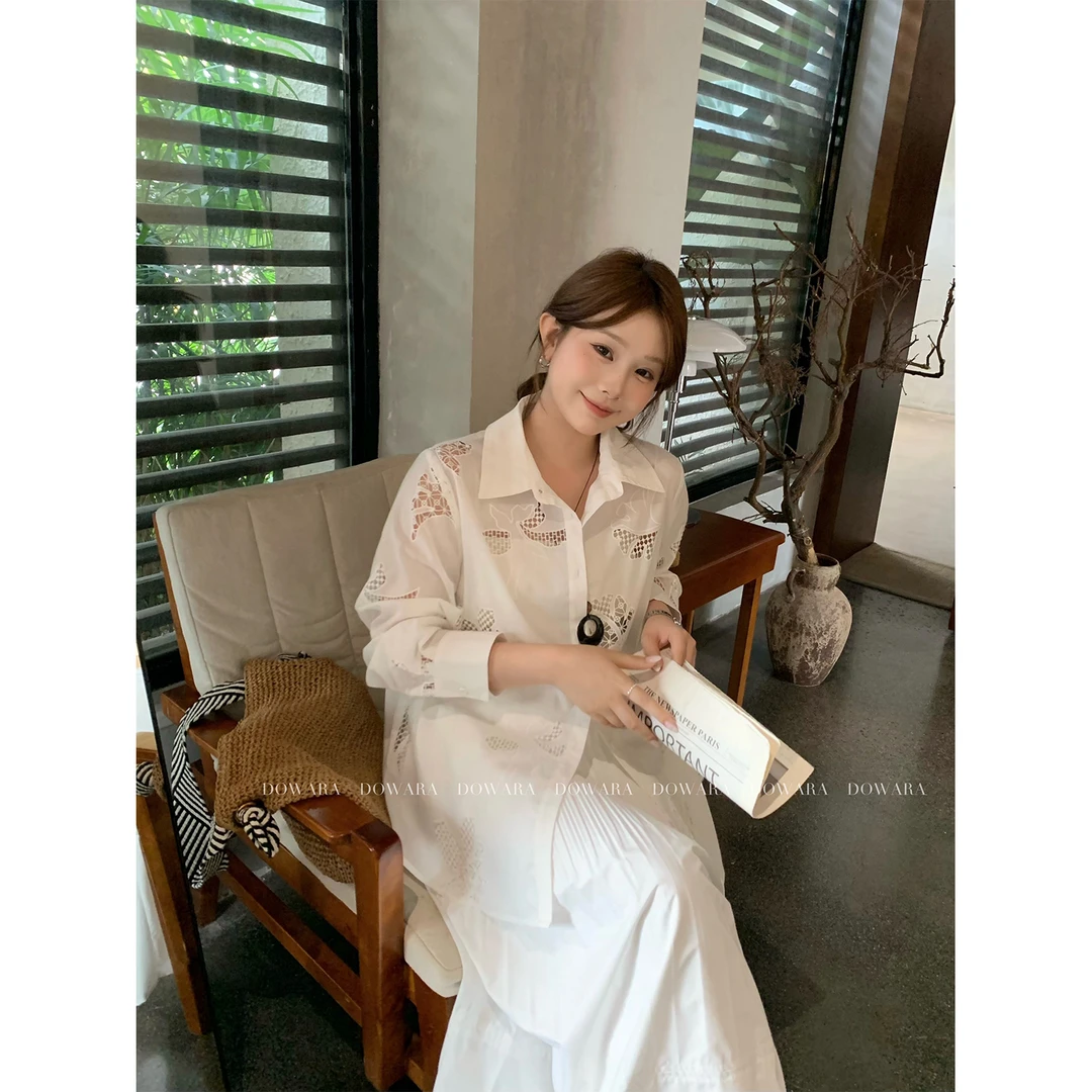 现货大婉酱微胖定制设计感镂空立体绣花衬衫女夏季时尚衬衣 9300D