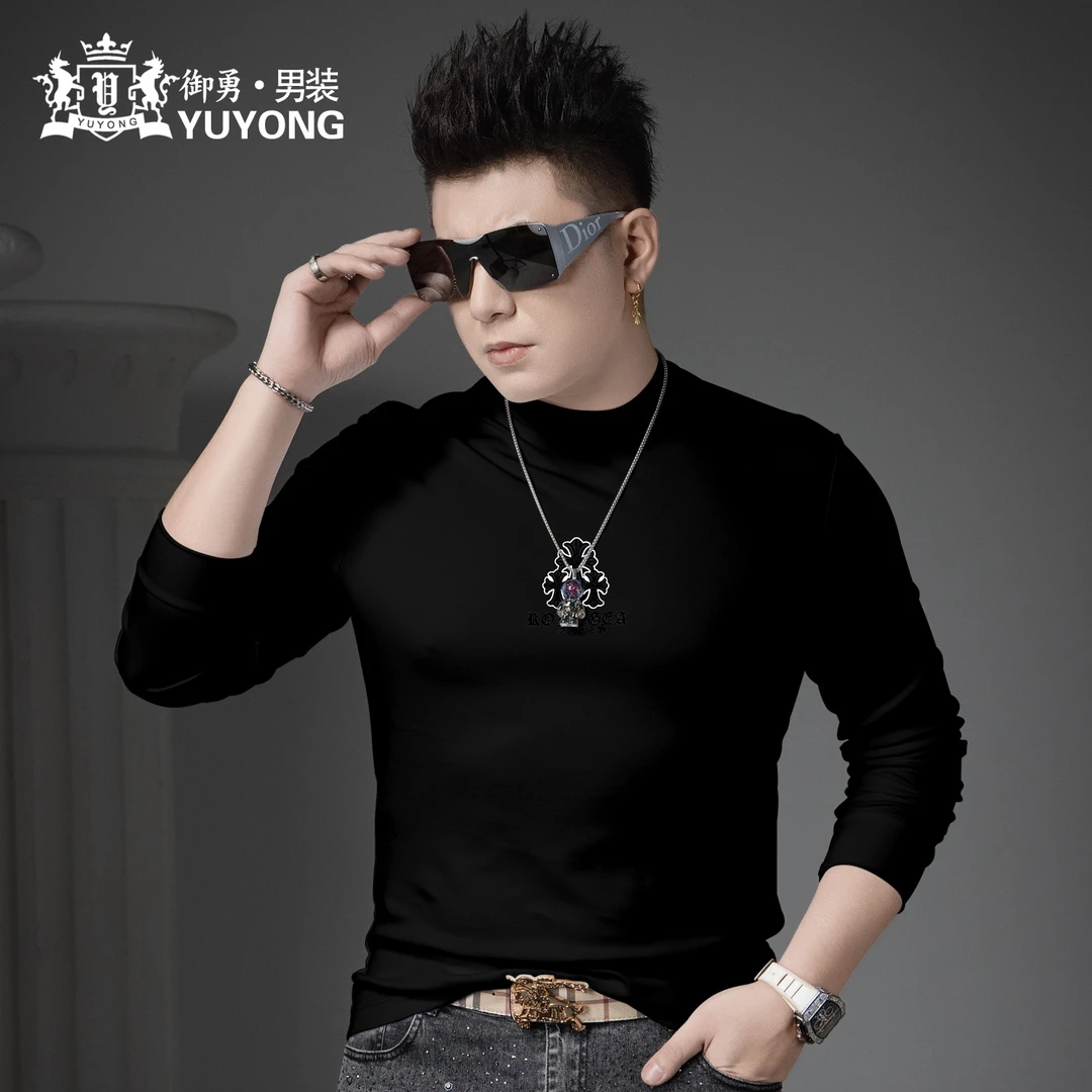 欧货男士长袖t恤2025新款潮牌印花休闲上衣男款秋季半高领打底衫