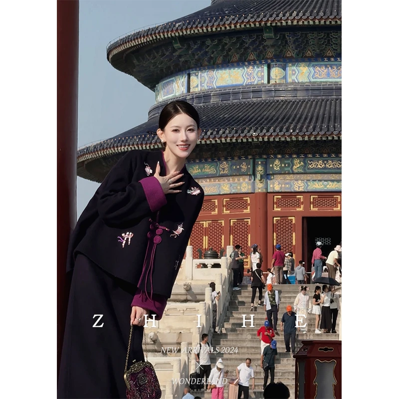 至禾Wonderland【东方紫鸢】手工坊100绵羊毛双面呢刺绣大衣+半裙