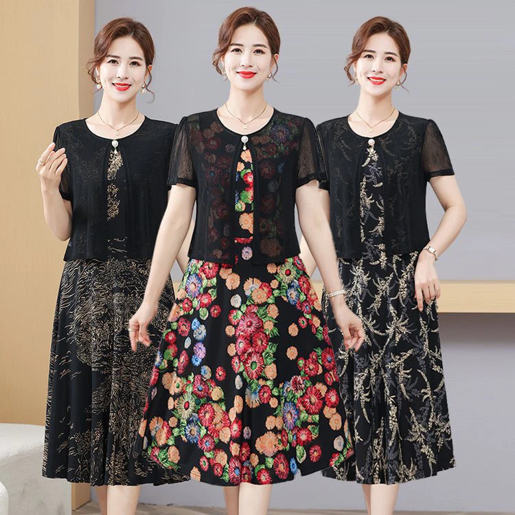 碎花时尚中年中老年女装中老年中长款大码夏装遮肚过膝夏季妈妈装