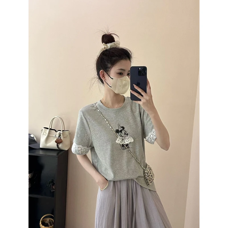 【NO退NO换】【趣味妮妮】韩系设计感蕾丝拼接短袖T恤40888 衣长64