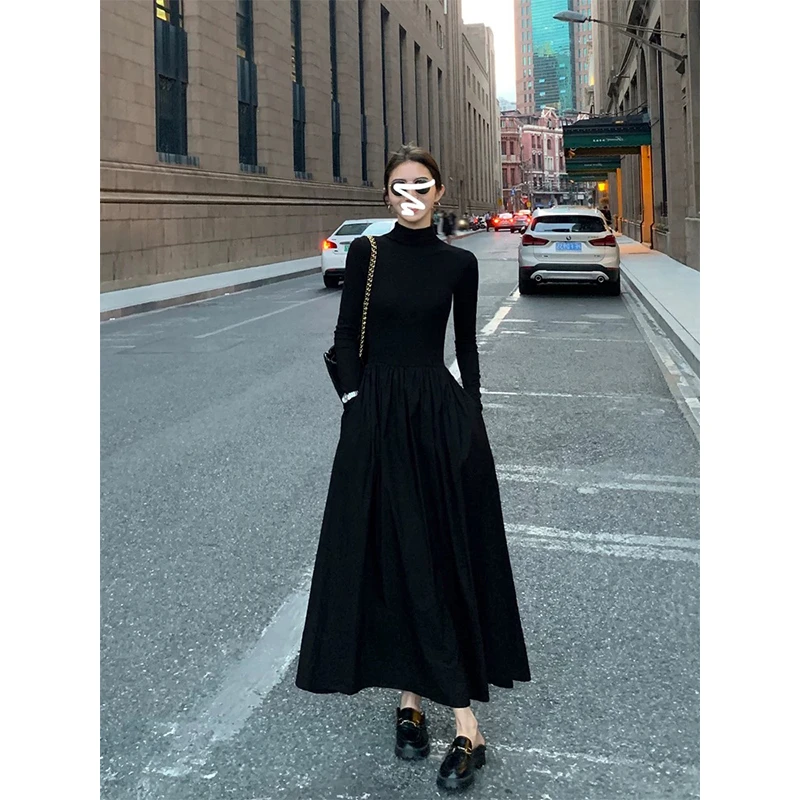 女装春季高级感拼接立领显瘦长袖连衣裙 8888 K