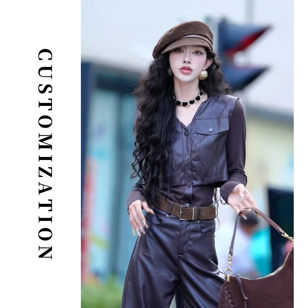 2025秋款长袖打底拼接皮马甲假两件时尚气质百搭上衣1301