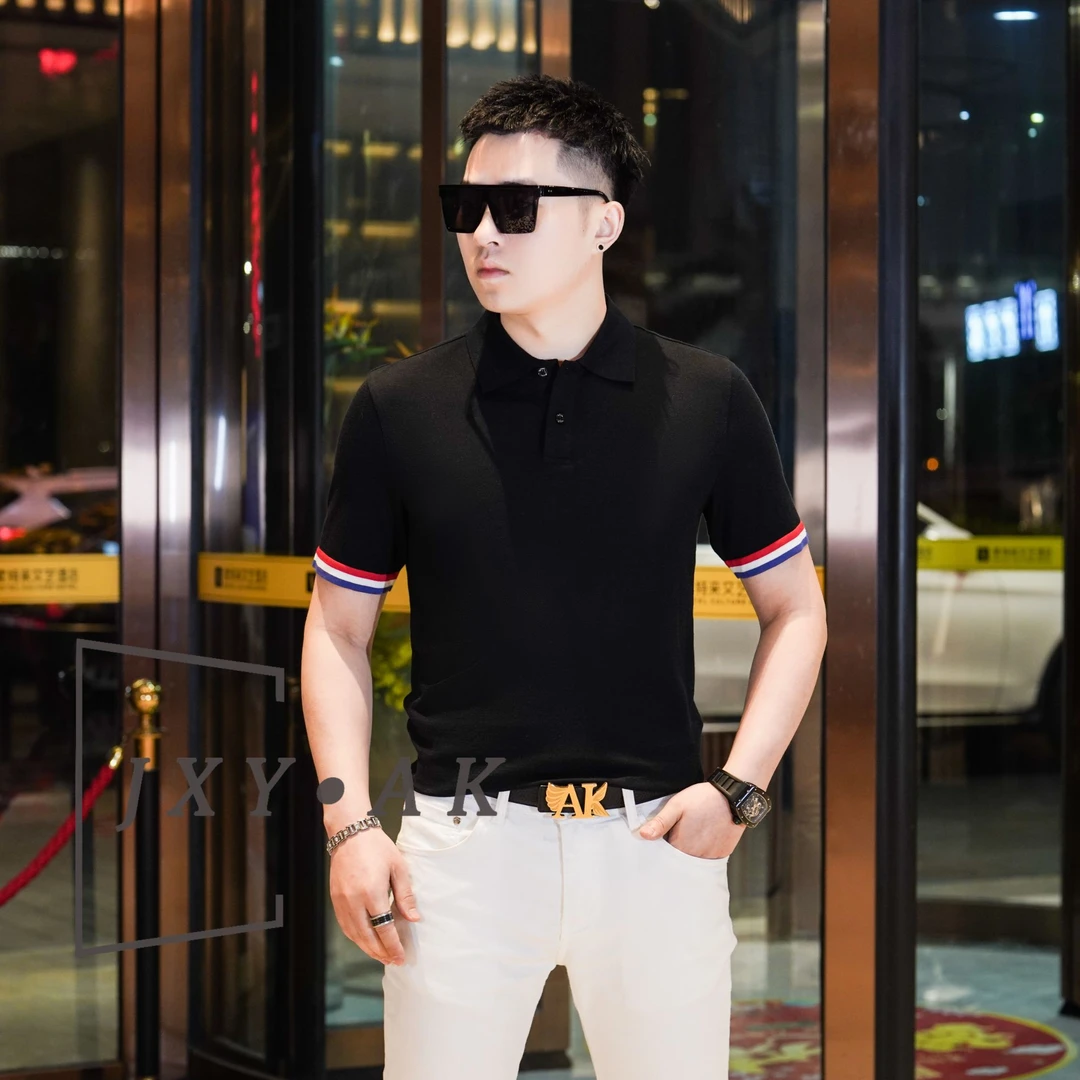 AK夏季轻奢纯色男士翻领polo衫修身时尚百搭休闲透气柔软短袖T恤
