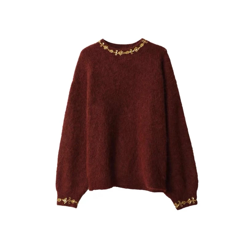 ICE DUST 24冬季胶囊新款钉珠装饰宽松加厚休闲圆领套头毛衣女士