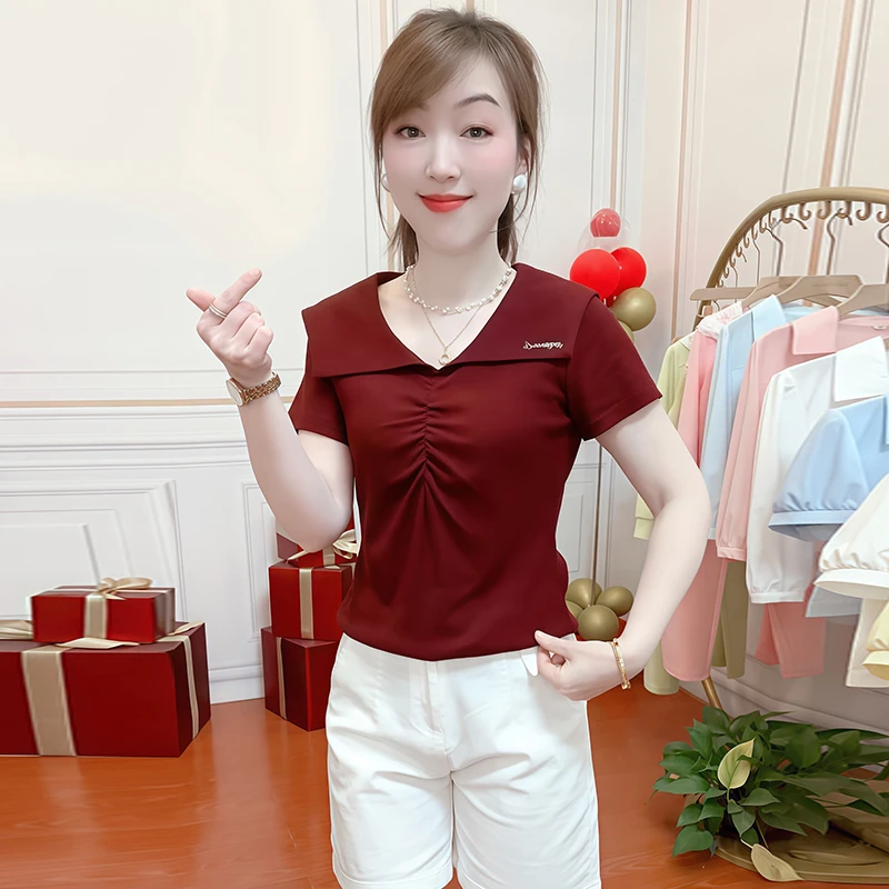 高含棉海军领短袖t恤2025年夏季新款设计感时尚气质显瘦百搭上衣