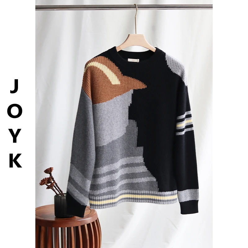 JOYK设计师款纯羊绒衫男韩版撞色拼接100%山羊绒新款秋冬19708